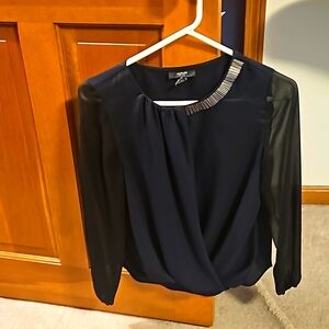Alfani dressy, navy, embellished top with sheer sleeves.